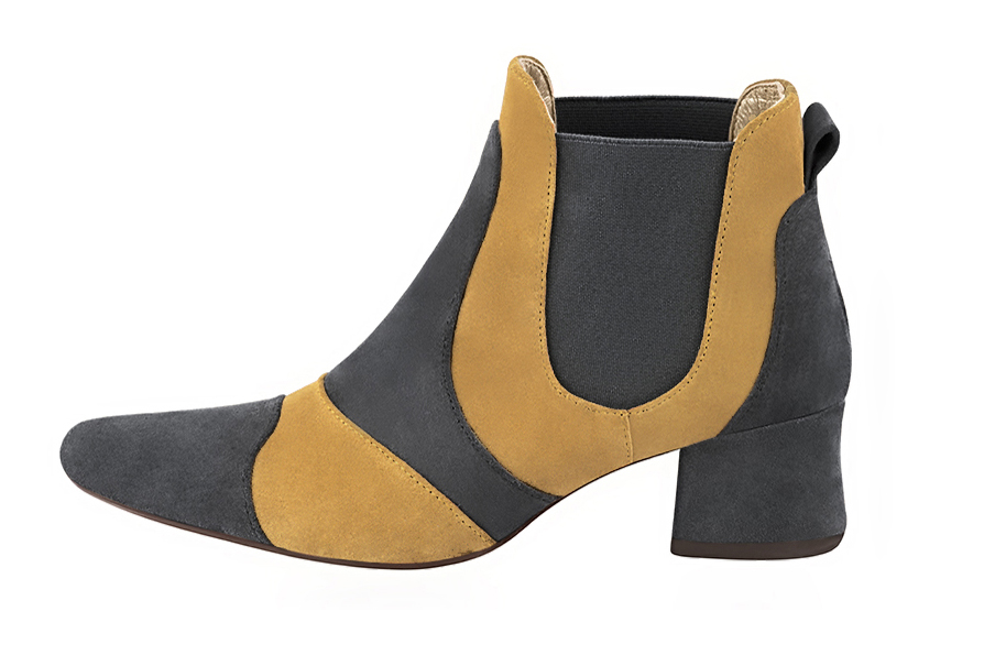 Dark grey and mustard yellow women's ankle boots, with elastics. Round toe. Low flare heels. Profile view - Florence KOOIJMAN